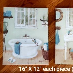 Bathroom Canvas Wall Art Whimsical Blue and White